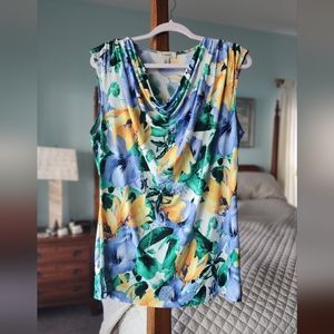 Dressbarn Sleeveless Floral Blouse | XL | blue, green, orange | Tunic